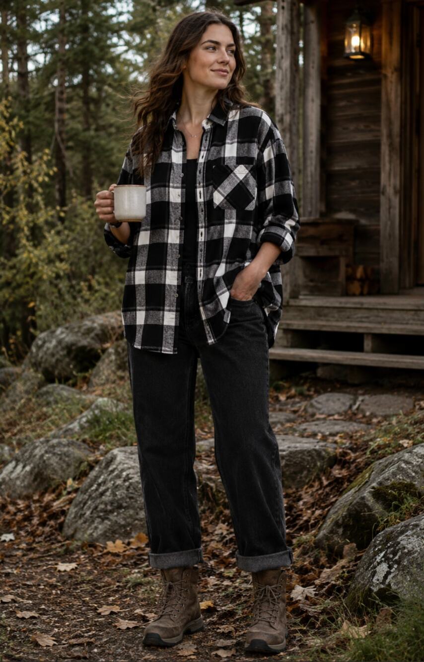 Woolrich plaid button-up flannel Gingham Black White Lumberjack Gorpcore XXL
